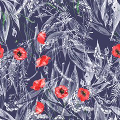 Watercolor abstract seamless pattern. Colored background. Leaves, poppy flower, spikelet, branches with berries. Autumn leaves.Stylish, fashionable pattern for the fabric, wallpaper. tansy, immortelle