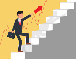 Businessman walks up the stairs of a growing market. Career growth ladder concept.
