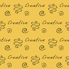 Seamless pattern with black text Creative on yellow background. Vector image.