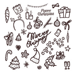 Set of winter colorful doodle elements. Hand drawn style. Stock vector illustration isolated on a white background. Christmas elements