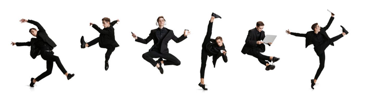 Collage with images of young man in black business suit moves isolated on white background. Art, motion, action