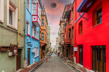 Fototapeta na wymiar Balat district street view in Istanbul. Balat is popular tourist attraction in Istanbul, Turkey.