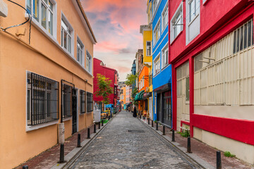 Fototapeta premium Balat district street view in Istanbul. Balat is popular tourist attraction in Istanbul, Turkey.