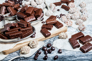 Assortment of delicious chocolate candies background. Chocolate candy isolated 