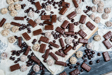 Assortment of delicious chocolate candies background. Chocolate candy isolated 