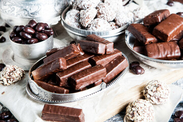 Assortment of delicious chocolate candies background. Chocolate candy isolated 