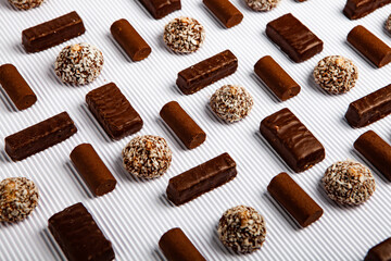 Assortment of delicious chocolate candies background. Chocolate candy isolated 