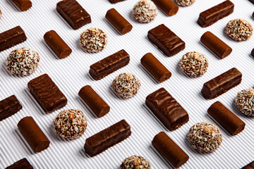Assortment of delicious chocolate candies background. Chocolate candy isolated 