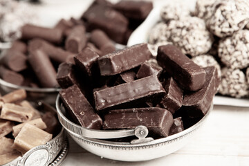 Assortment of delicious chocolate candies background. Chocolate candy isolated 