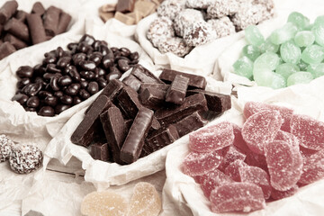 Assortment of delicious chocolate candies background. Chocolate candy isolated 