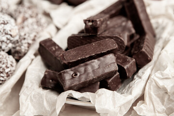 Assortment of delicious chocolate candies background. Chocolate candy isolated 
