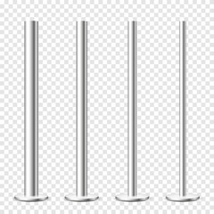Realistic metal poles collection isolated on transparent background. Glossy steel pipes of various diameters. Billboard or advertising banner mount, holder. Vector illustration.