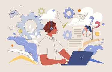 Call center for support, service, assistance to clients. Operator online help, advises customers, feedback concept. Vector flat cartoon illustration with people characters.