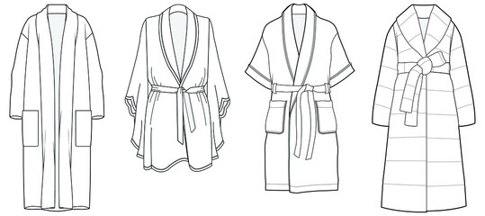 dressing gown, bathrobe fashion flat sketch vector illustration unisex self belt bathrobe template isolated illustration on white background. CAD mockup. - obrazy, fototapety, plakaty
