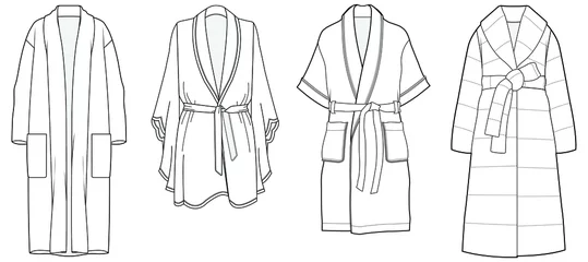 Foto op Plexiglas dressing gown, bathrobe fashion flat sketch vector illustration unisex self belt bathrobe template isolated illustration on white background. CAD mockup. © SQB Creation 