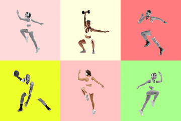 Modern design, contemporary art collage. Inspiration, idea, trendy magazine style. Sport. Set of images of professional athletes on colored background.