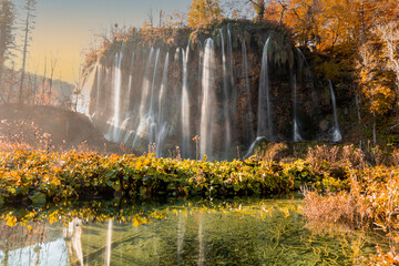 waterfall in autumn park in Plitvicke