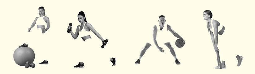 Contemporary art collage. Inspiration, idea, trendy magazine style. Sport. Set of images of...