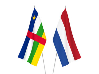 National fabric flags of Netherlands and Central African Republic isolated on white background. 3d rendering illustration.