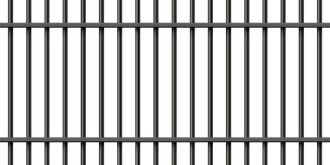 Black realistic metal prison bars isolated on white background. Detailed jail cage, prison iron fence. Criminal background mockup. Creative vector illustration.