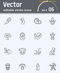 Set of vector pregnancy and childhood line icons isolated