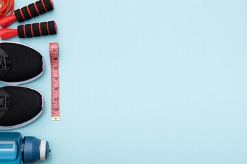 Composition of sports equipment. Healthy lifestyle concept.