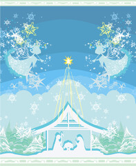 Decorated background with angels and Bethlehem. - 472010776
