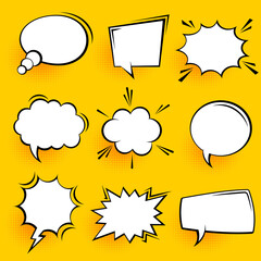 Blank comic speech bubbles with halftone shadows on yellow background. Hand drawn retro cartoon stickers. Pop art style. Vector illustration.