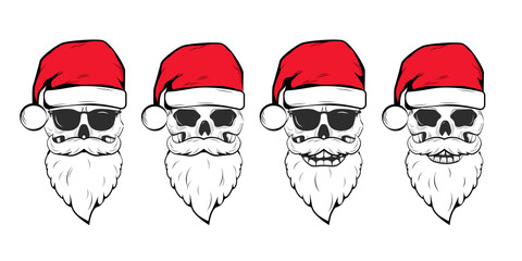 Skull of Santa Claus, set, line art tattoo