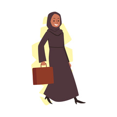 Happy business woman in black hijab holds briefcase flat vector illustration isolated on white background.