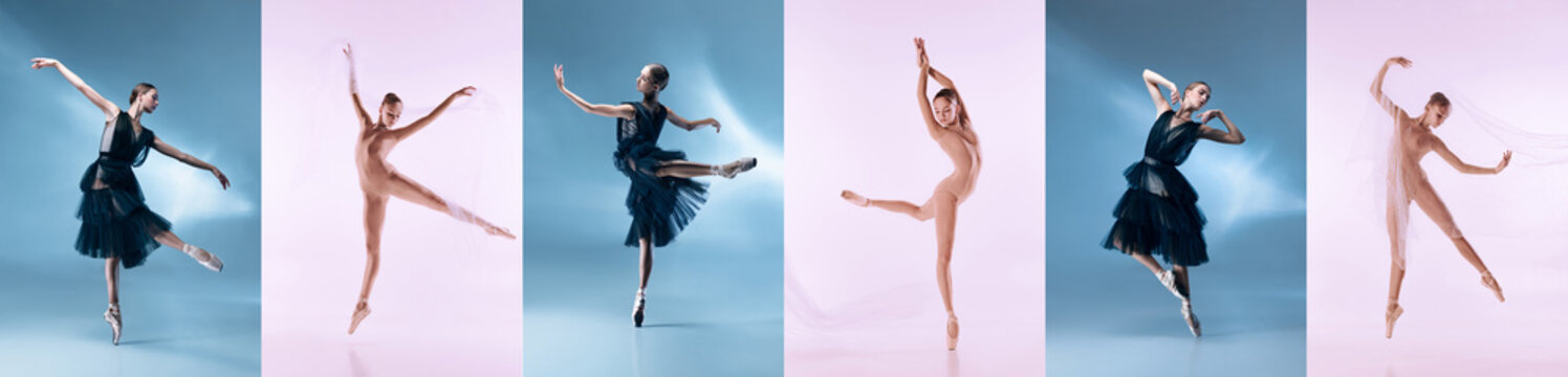 Collage of portraits of female ballet dancers dancing isolated on blue and pink background. Concept of art, theater, beauty and creativity