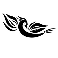 flying bird with wings similar to flames, black abstract symbol on white background