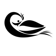 resting bird with a tufted, black flowing lines on a white background