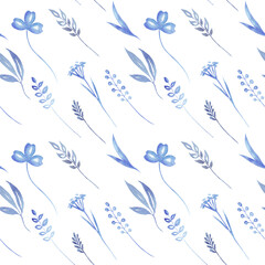 Fototapeta premium Blue foliage. Watercolor. Seamless pattern. Hand painting