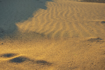 The beach with clean yellow fine sand. The golden color of the sand during sunset.