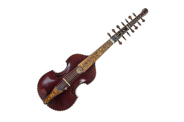 Seven stringed viola d'amore with sympathetic strings, dark wooden body, inlays and a carved child...