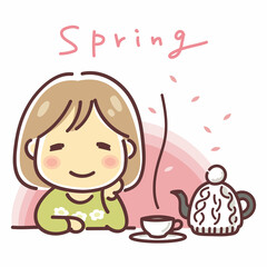 紅茶を楽しむ女性のイラスト（春）