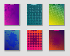 vector collection of Grunge dots perforated halftone cover page templates. liquid bubble shape on liquid gradient with shadow and light effect. Matrix elements.