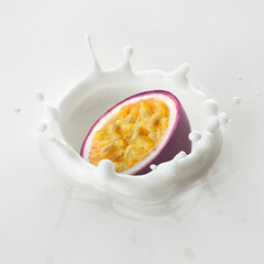 Passionfruit falls into milk, yoghurt, sour cream, Splash