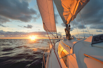 Yacht sailing in an open sea at sunset. Close-up view of the deck, mast and sails. Clear sky after the rain, dramatic glowing clouds, golden sunlight, waves and water splashes, cyclone. Epic seascape