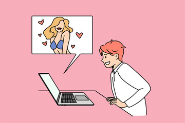 Smiling teen boy look at computer screen watch only for adults video on device online. Happy child or kid use laptop for banned censored content. Parental control, censorship. Vector illustration. 