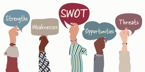 Concept of SWOT-analysis or strategic planning technique. Raised arms of business people holding speech bubble with SWOT-Strength-Weaknesses-Opportunities-Threats text inside