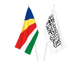 National fabric flags of Seychelles and Taliban isolated on white background. 3d rendering illustration.