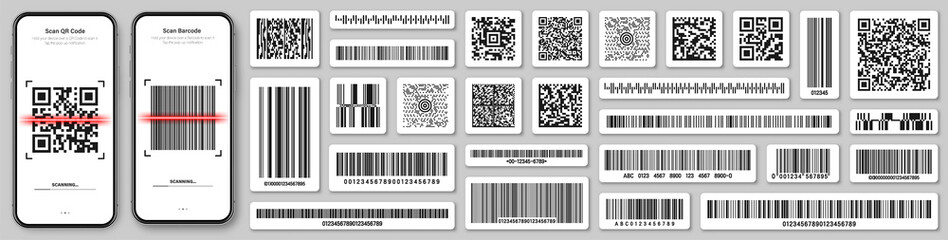 Product barcodes and QR codes. Smartphone application, scanner app. Identification tracking code. Serial number, product ID with digital information. Store, supermarket scan labels, vector price tag.
