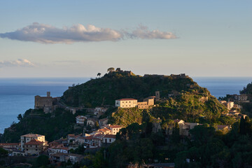 view of the village of Savoca with the ruins of its Castle in the Eastern Sicily Province of Messina