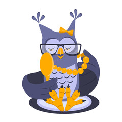 Owl tries on beads and admires himself in the mirror. There is a bow on the head. Cartoon vector illustration, design for print, sticker and postcard. Isolated on white background