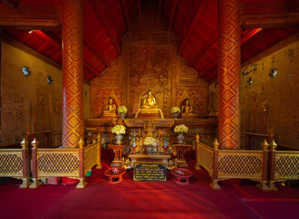 Interior of buddha pagoda statue, Wat Phra Singh Woramahawihan Temple Park, Chiang Mai, Thailand. Thai buddhist temple architecture. Tourist attraction.