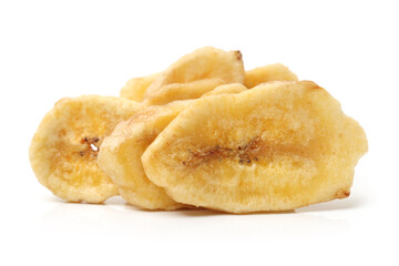 Banana chips on white background