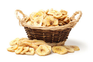 Banana chips on white background