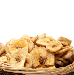 Banana chips on white background